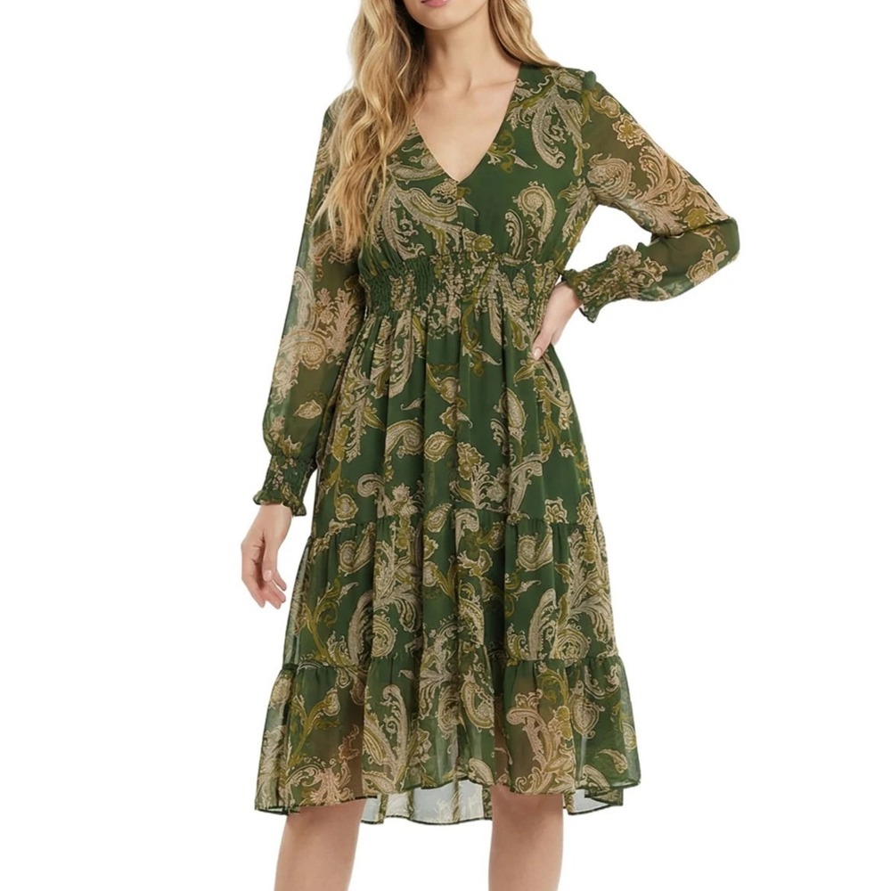 NY COLLECTION Womens Spring‎ dress Ling Sleeve GREEN PAISLEY Size XL